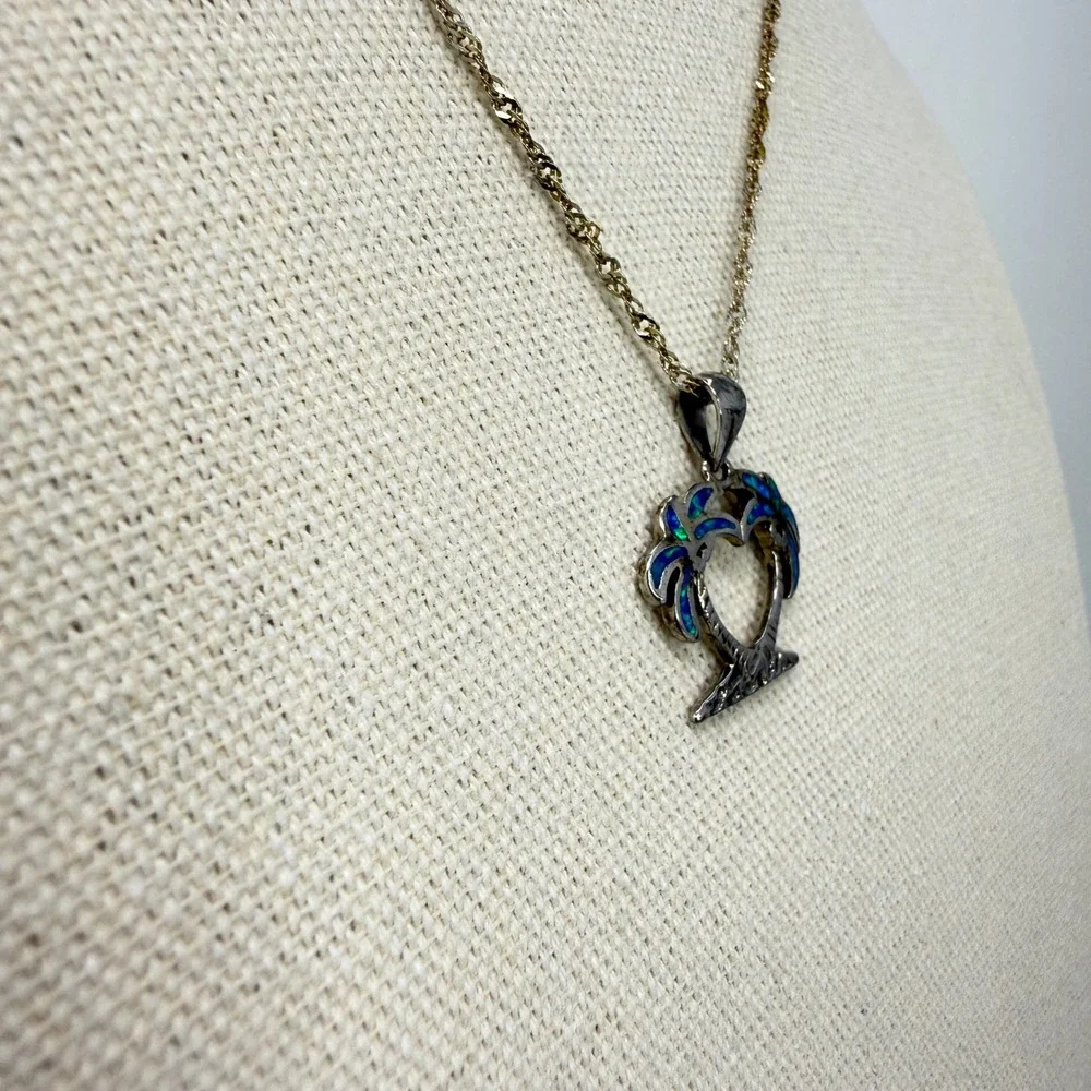 Sterling Silver Opal‎ Palm Tree Heart Necklace Pendant Beach Vacation Island